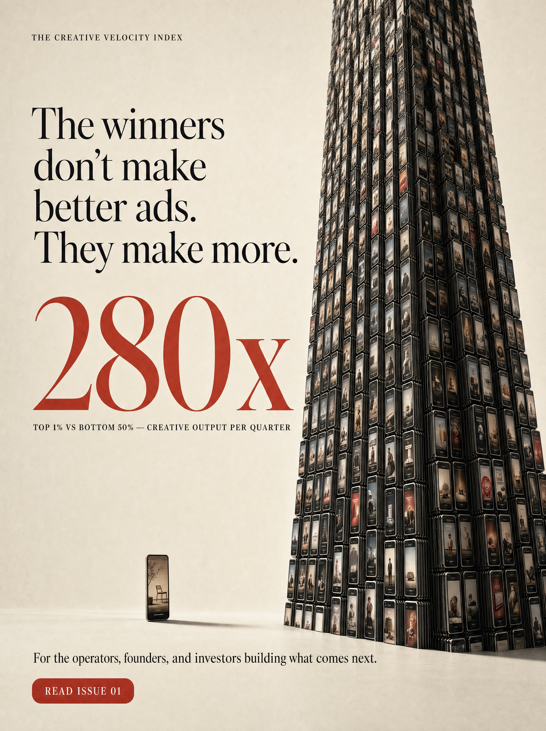 The Volume Moat — hero paid-social ad: a towering stack of creatives beside a single lone advertiser, illustrating the 280× creative-volume gap.